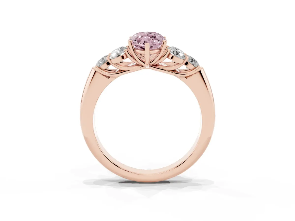 Fancy Pink Marquise Cut Cut Diamond Cluster Ring with Round Accent Stones and Prong Setting on a Classic Band Rose gold