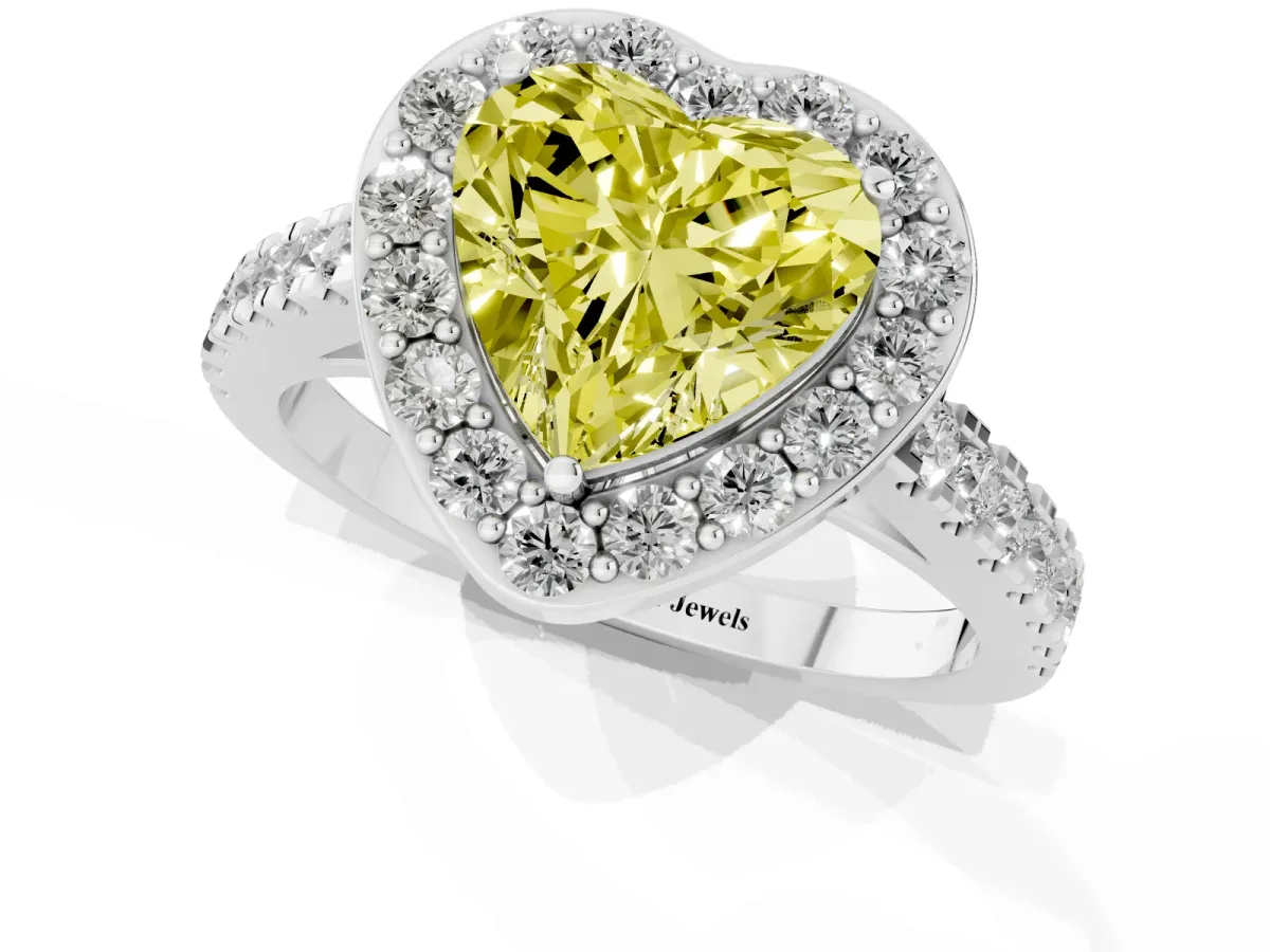 Fancy Yellow Heart Cut Diamond Halo Ring with Round Pavé Split Shank and Prong Setting Silver