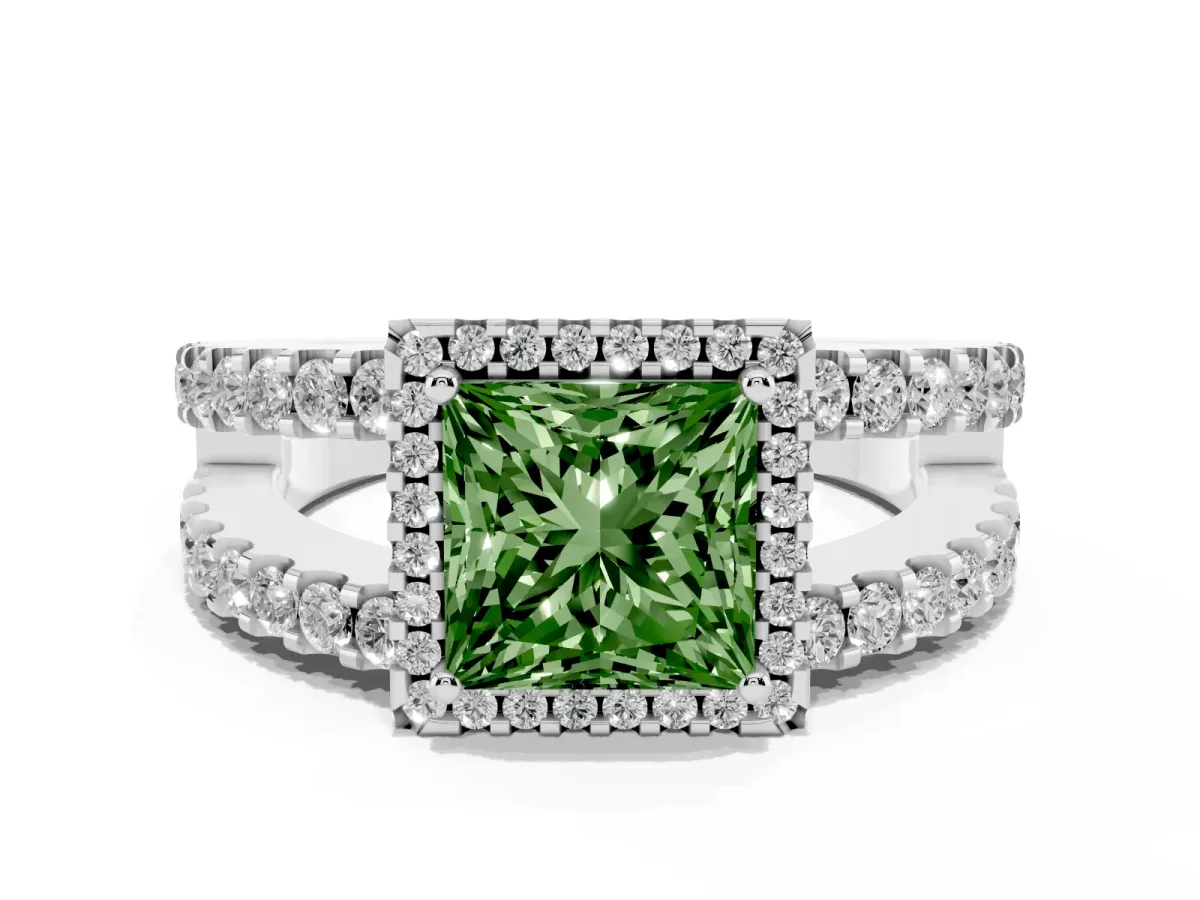 Fancy Green Princess Cut Cut Halo Split Shank Diamond Ring with Four-Prong Setting Platinum