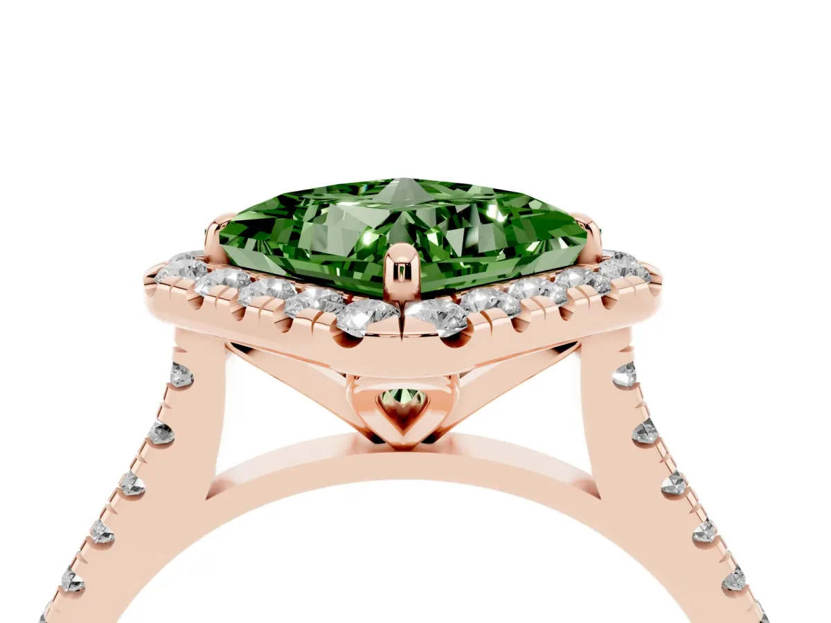 Fancy Green Princess Cut Diamond Cushion Halo Ring with Pavé Band Rose gold