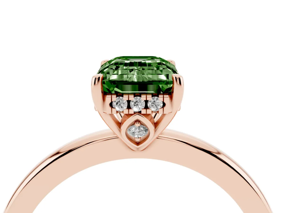 Fancy Green Emerald Cut Solitaire Diamond Ring with Prong Setting and Plain Band Rose gold