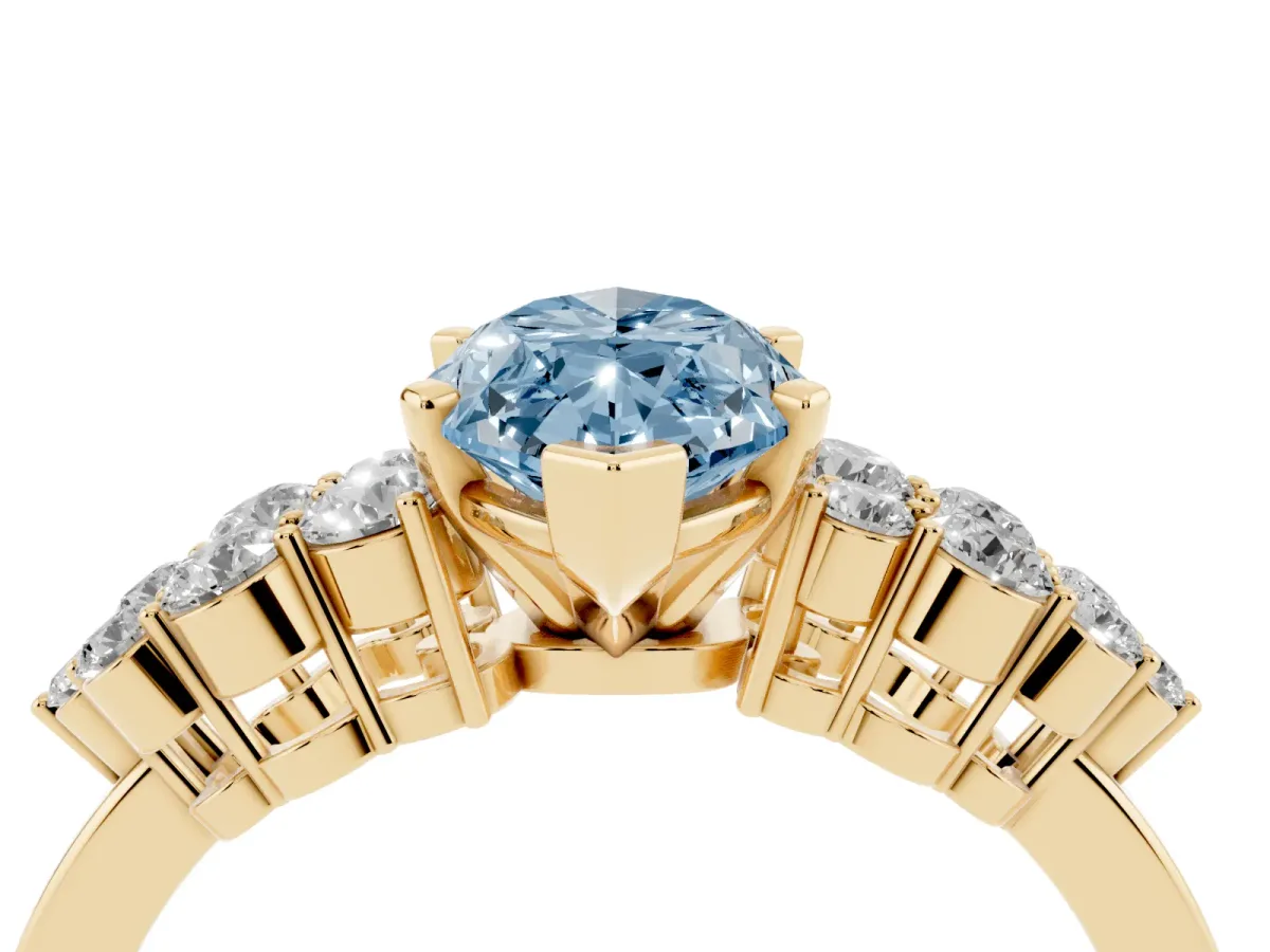 Fancy Blue Marquise Cut Cluster Diamond Engagement Ring with Pavé Band and Four-Prong Setting Yellow gold