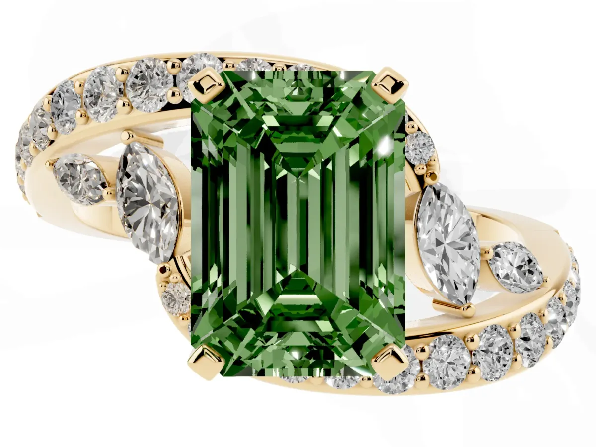 Fancy Green Emerald Cut Solitaire with Pavé Twist Band and Four-Prong Setting Yellow gold