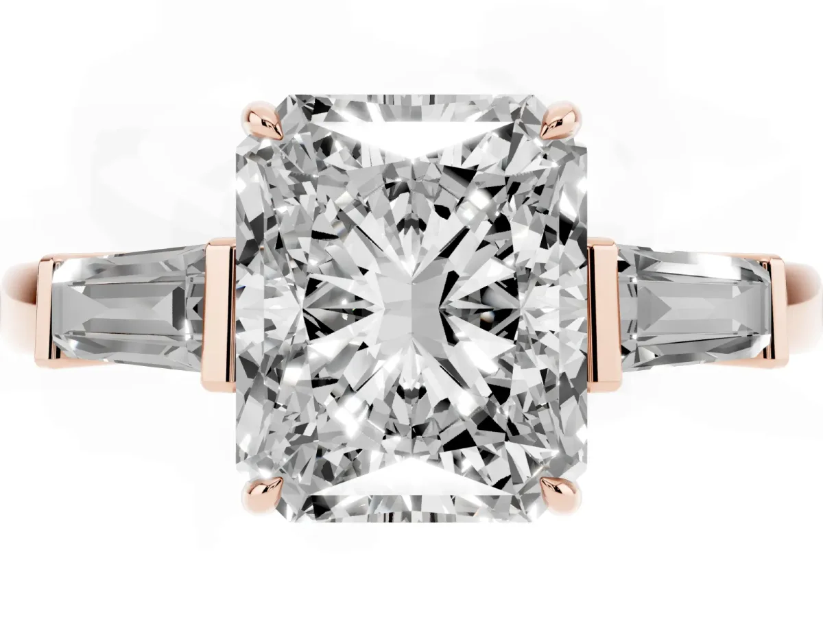 Radiant Cut Diamond Three-Stone Ring with Tapered Baguette Side Stones and Prong Setting Rose gold