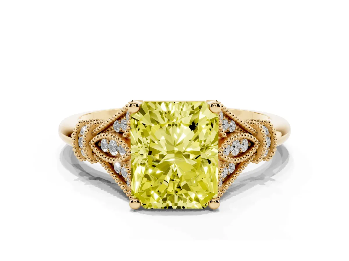 Fancy Yellow Radiant Cut Diamond Solitaire Ring with Floral Filigree and Pave Accents Yellow gold