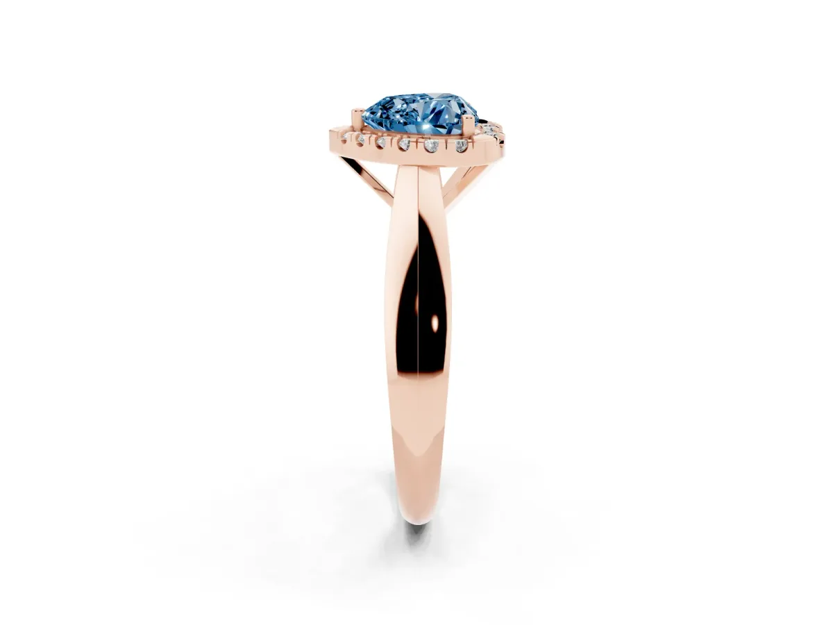 Fancy Blue Heart Cut Cut Halo Solitaire Engagement Ring with Square Band and Four-Prong Setting Rose gold