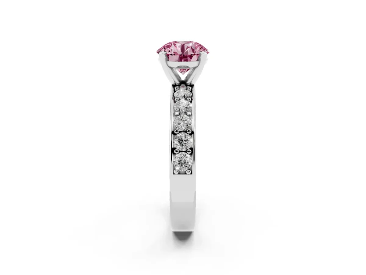 Fancy Pink Round Cut Diamond Engagement Ring with Channel Set Round Band and Prong Setting Silver