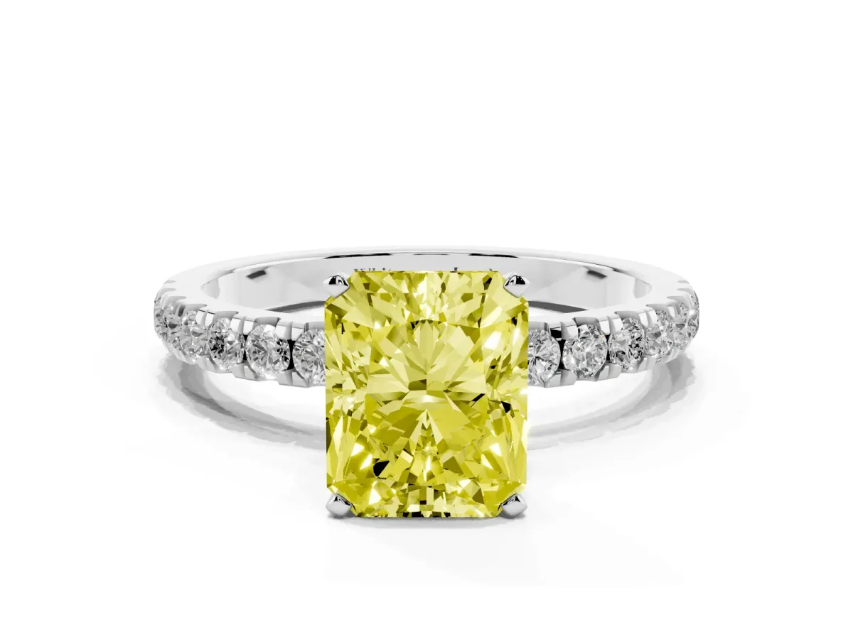 Fancy Yellow Radiant Cut Diamond Solitaire Ring with Pavé Accents and Four-Prong Setting Platinum