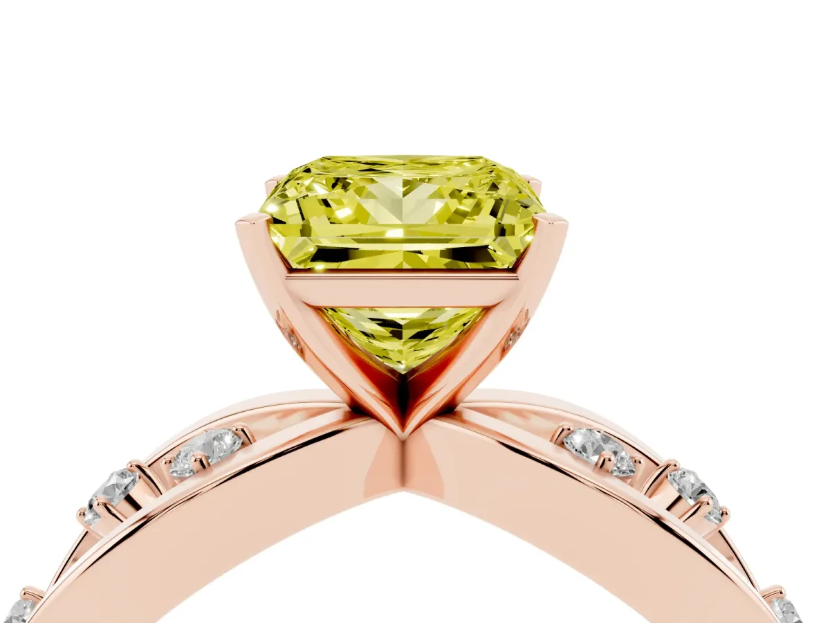 Fancy Yellow Princess Cut Cut Solitaire Diamond with Side Stones on Criss-Cross Band and Four-Prong Setting Rose gold