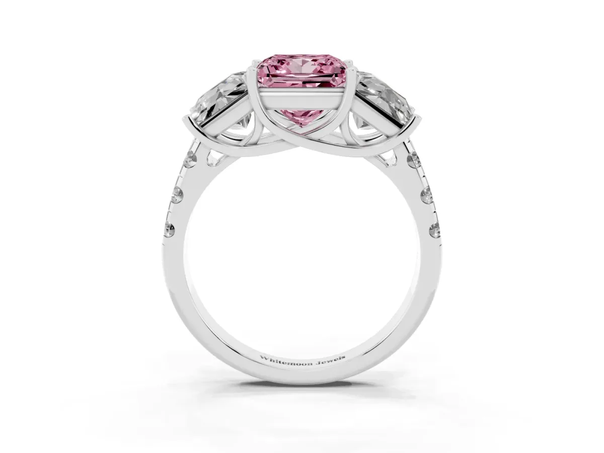 Fancy Pink Three-Stone Princess Cut Diamond Pavé Band with Prong Setting Silver