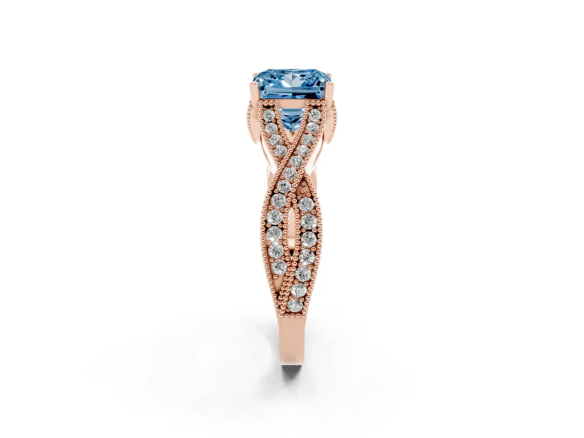 Fancy Blue Princess Cut Cut Diamond Twisted Band with Milgrain Pave Setting and Four-Prong Setting Rose gold