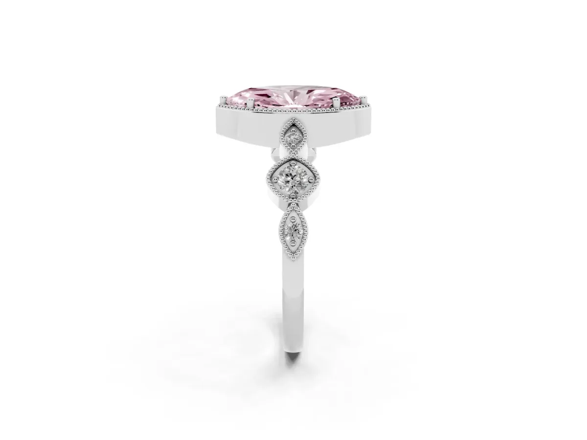 Fancy Pink Marquise Cut Diamond Vintage Milgrain Ring with Round Stations Silver