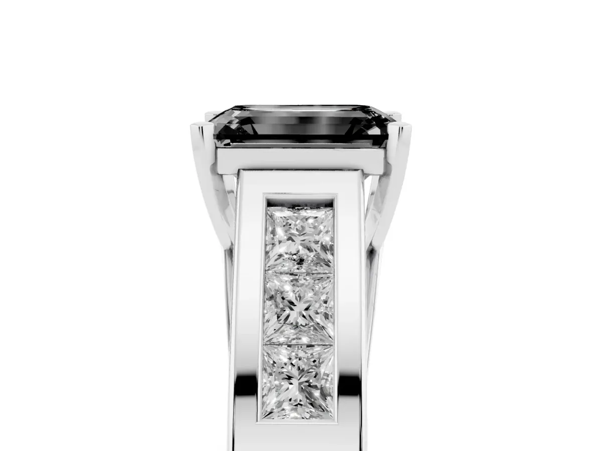 Fancy Black Emerald Cut Cut Channel Set Solitaire Ring with Four-Prong Setting White gold