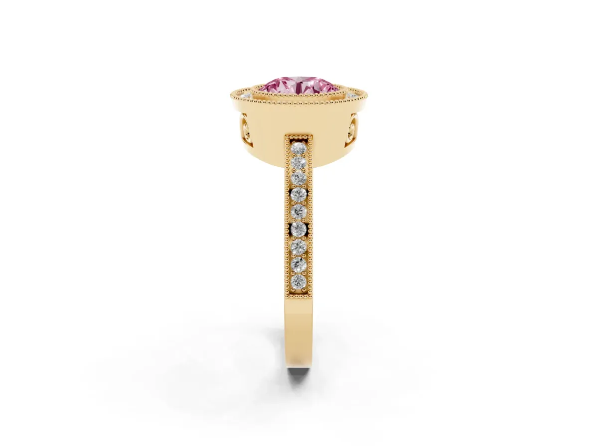 Fancy Pink Round Cut Cut Halo Diamond Ring with Pavé Band and Milgrain Prong Setting Yellow gold