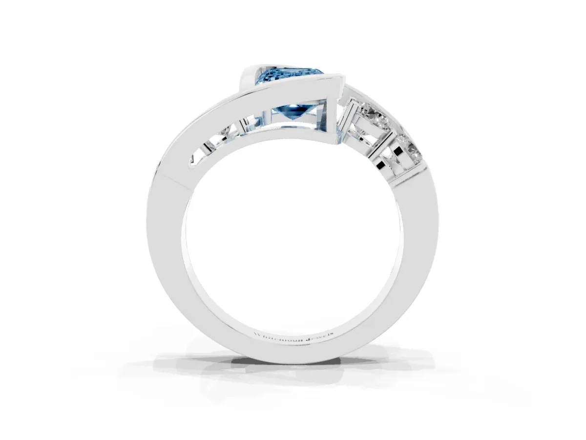 Fancy Blue Bezel Set Emerald Cut Diamond Bypass Ring with Round Accents Silver
