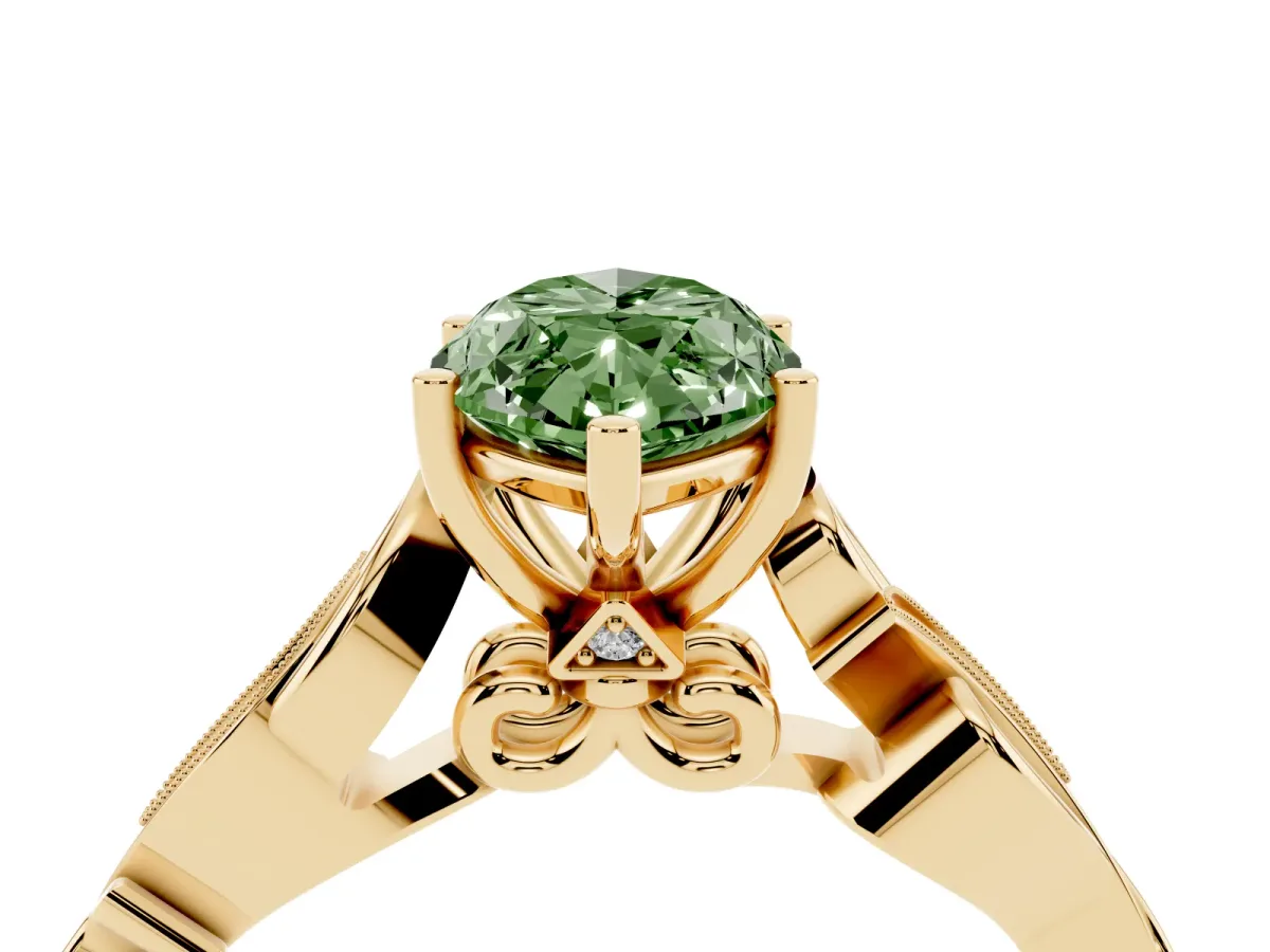 Fancy Green Marquise Cut Solitaire Vine Band with Milgrain Prong Setting Yellow gold