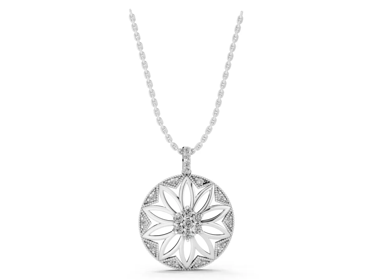 Round Diamond Cluster Flower Pendant Silver