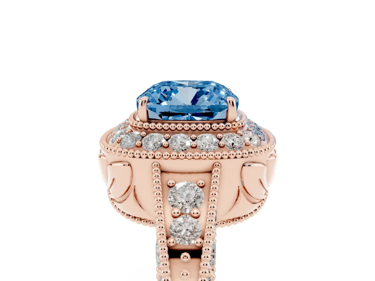 Fancy Blue Cushion Cut Halo Diamond Split Shank Ring with Milgrain Detail Rose gold