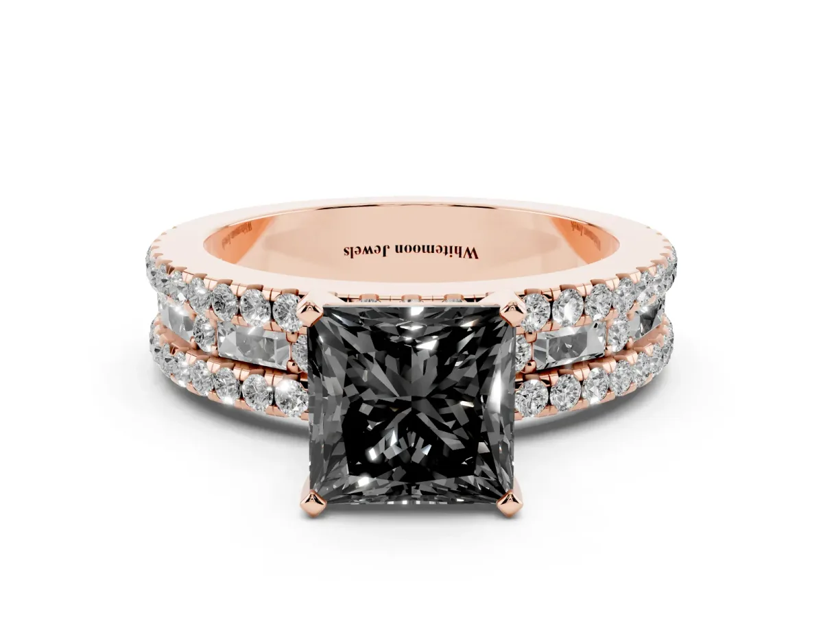 Fancy Black Princess Cut Diamond Solitaire Ring with Pavé and Channel Set Band Rose gold