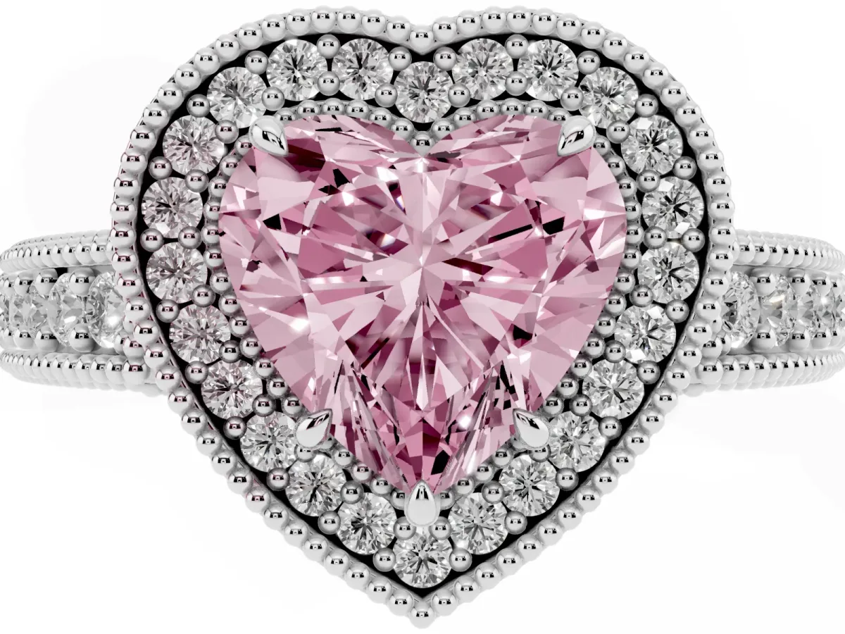 Fancy Pink Heart Cut Cut Halo Diamond Ring with Pavé Band and Four-Prong Setting Platinum