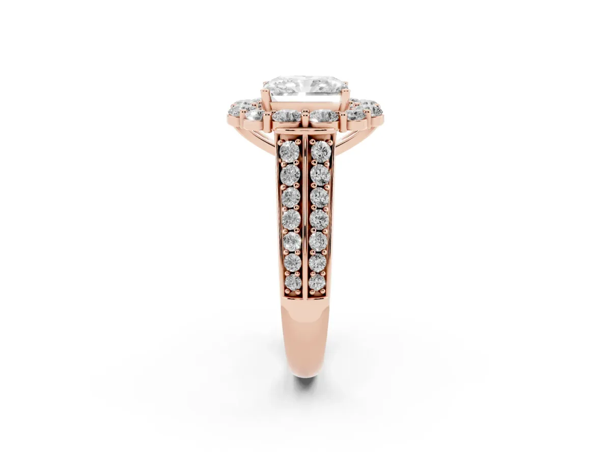 Radiant Cut Halo Diamond Engagement Ring with Split Shank and Prong Setting Rose gold