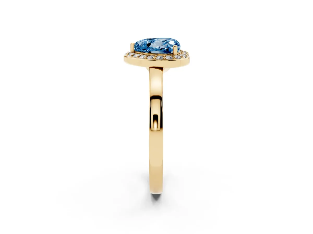 Fancy Blue Heart Cut Halo Diamond Ring with Solitaire Band and Prong Setting Yellow gold