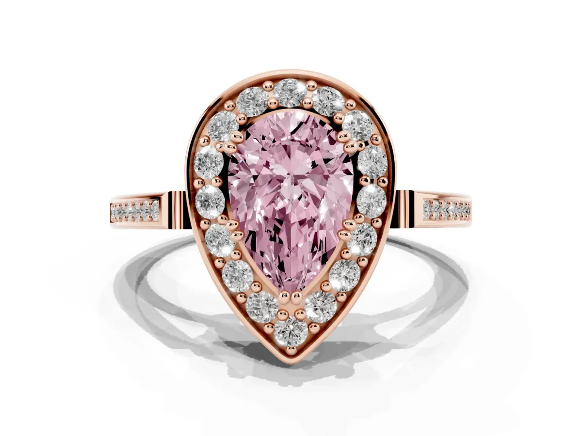 Fancy Pink Pear Cut Diamond Halo Ring with Split Shank and Four-Prong Setting Rose gold