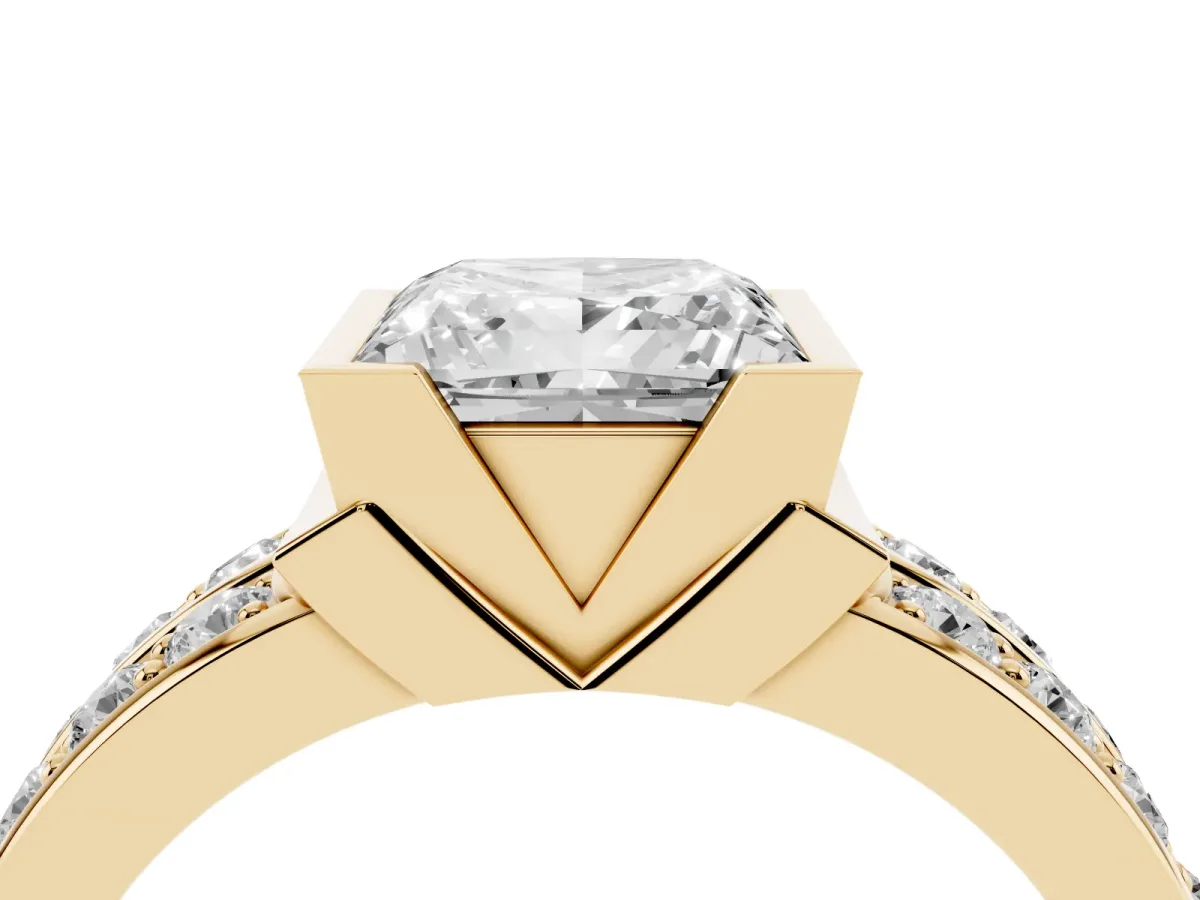 Princess Cut Brilliant Diamond Channel Set Wide Band Ring with Bezel Setting Yellow gold