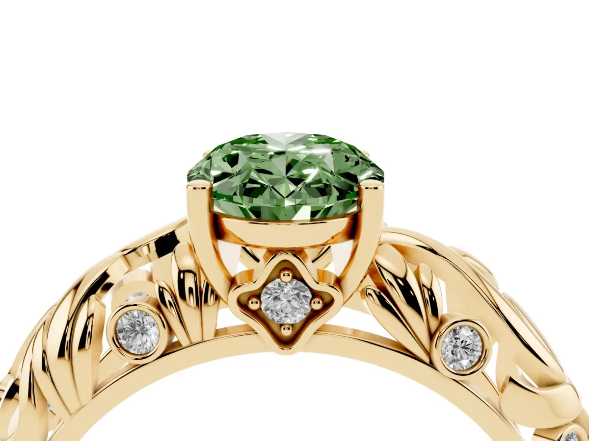 Fancy Green Oval Cut Solitaire Diamond Leaf-Inspired Vine Band Ring with Prong Setting Yellow gold