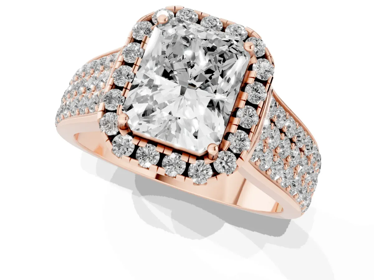 Radiant Cut Halo Round Diamond Pave Band with Prong Setting Rose gold
