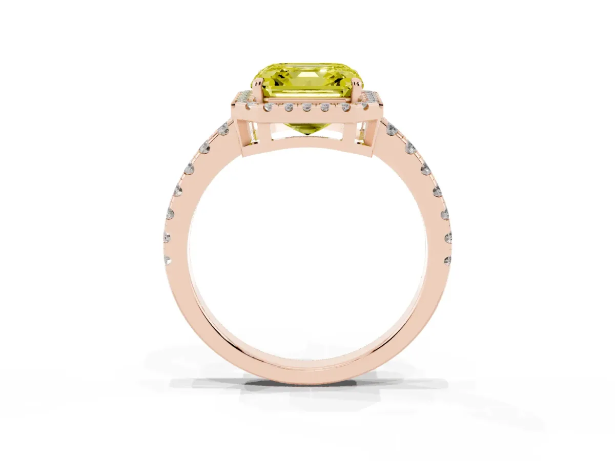 Fancy Yellow Asscher Cut Diamond Halo Ring with Pavé Band and Four-Prong Setting Rose gold