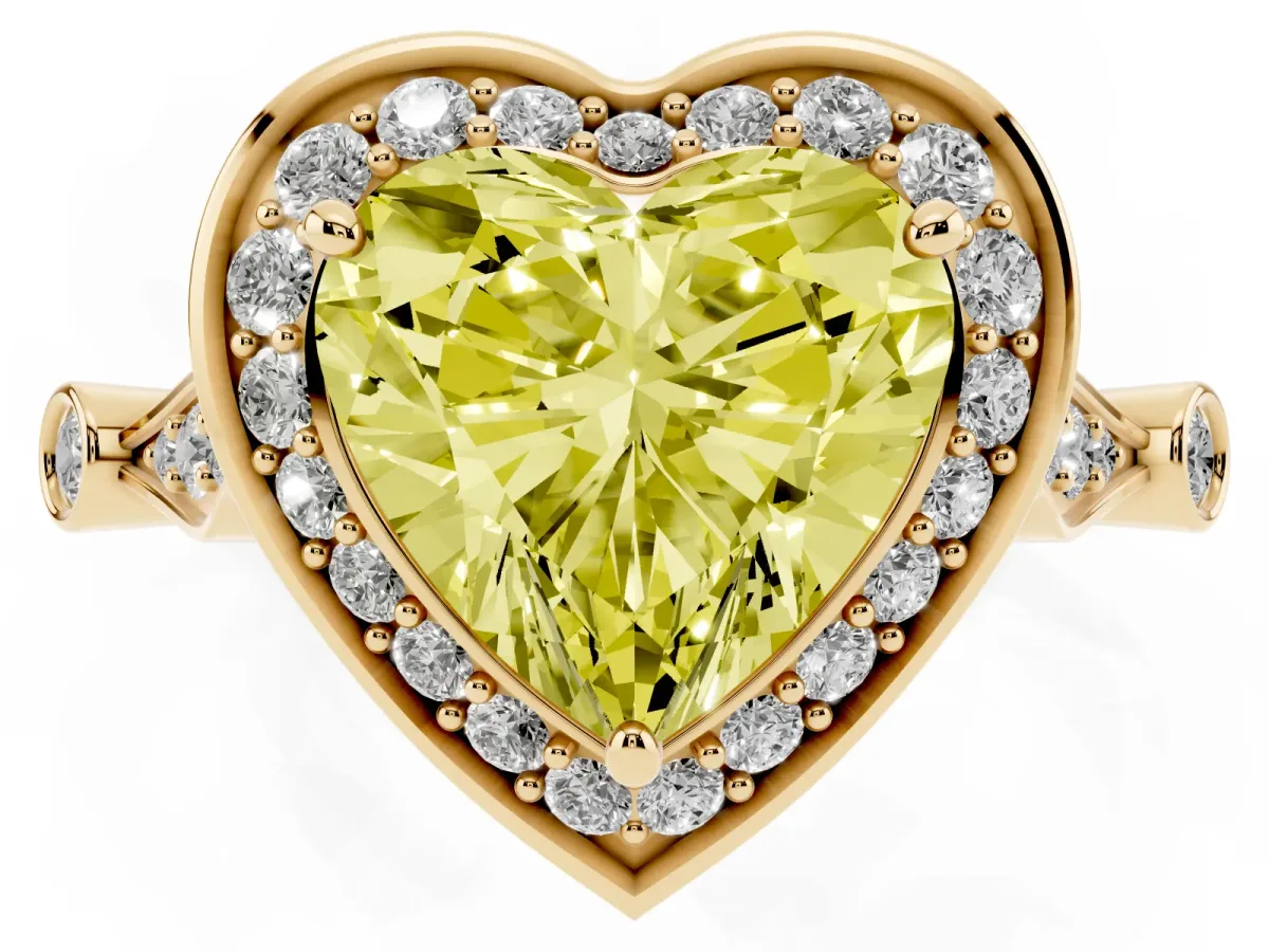 Fancy Yellow Heart Cut Halo Diamond Engagement Ring with Twisted Band and Four-Prong Setting Yellow gold