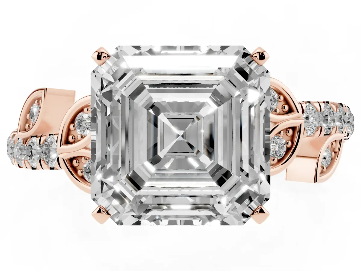 Asscher Cut Solitaire Leaf-Inspired Diamond Ring with Pavé Band and Four-Prong Setting Rose gold
