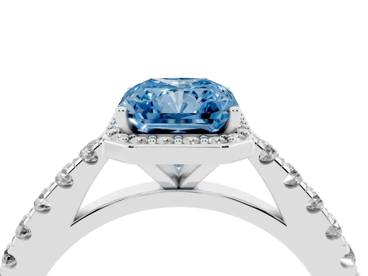 Fancy Blue Radiant Cut Cut Halo Diamond Engagement Ring with Pave Band and Four-Prong Setting Silver