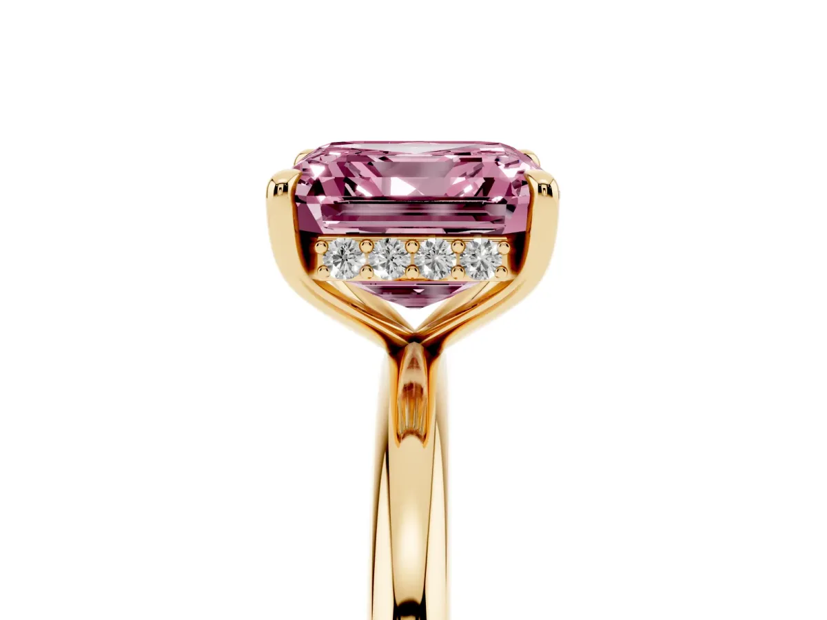 Fancy Pink Asscher Cut Diamond Solitaire Ring with Thin Band and Four-Prong Setting Yellow gold