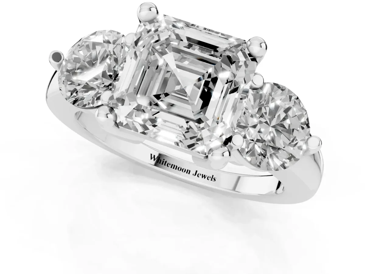 Three-Stone Asscher Cut Brilliant Cut Solitaire Ring with Prong Setting on a Classic Band White gold