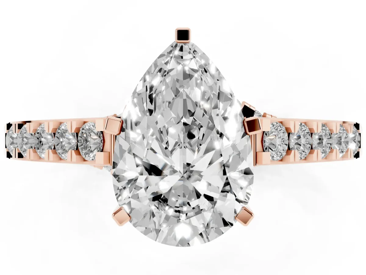 Pear Cut Diamond Solitaire Ring with Crossover Gallery and Round Pavé Band Rose gold