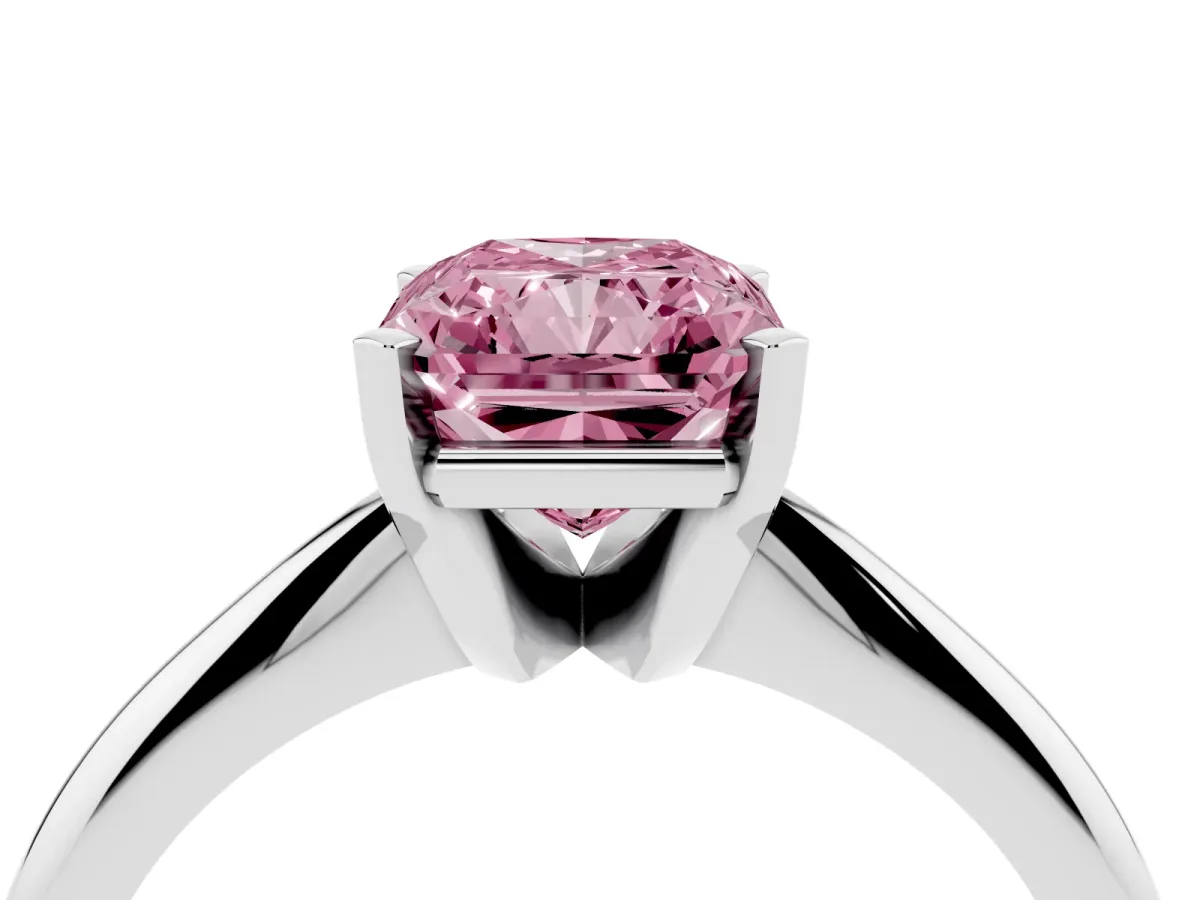 Fancy Pink Radiant Cut Cut Solitaire Ring with Four-Prong Setting on a Classic Band Silver