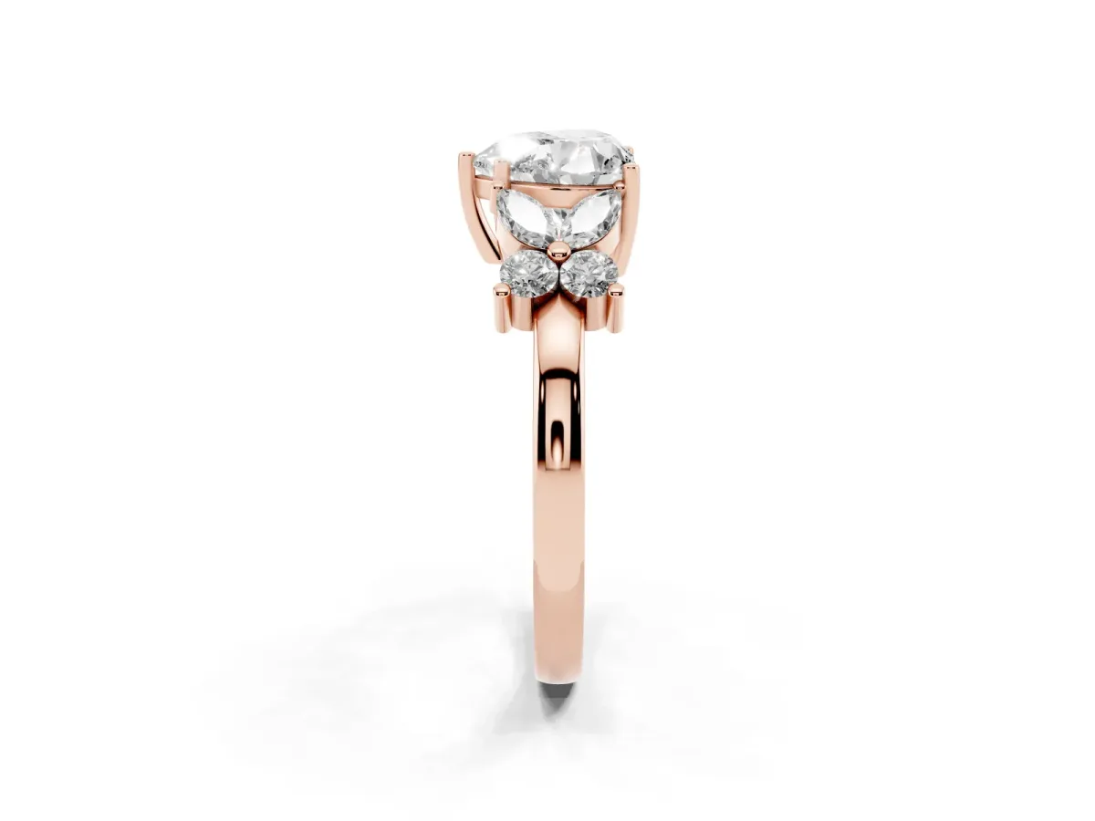 Heart Cut Diamond Floral Cluster Ring with Solitaire Band and Prong Setting Rose gold