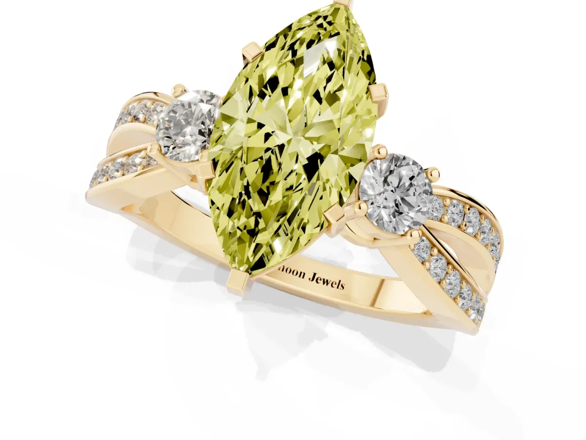 Fancy Yellow Three-Stone Marquise Cut Cut Diamond Twist Band with Prong Setting Yellow gold