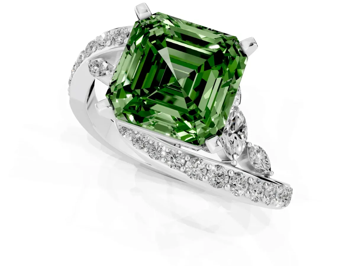 Fancy Green Asscher Cut Solitaire with Pavé Twist Band and Four-Prong Setting Silver