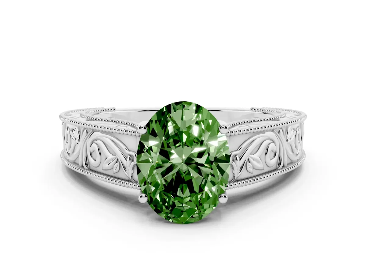 Fancy Green Oval Cut Diamond Solitaire Ring with Engraved Band and Four-Prong Setting Platinum