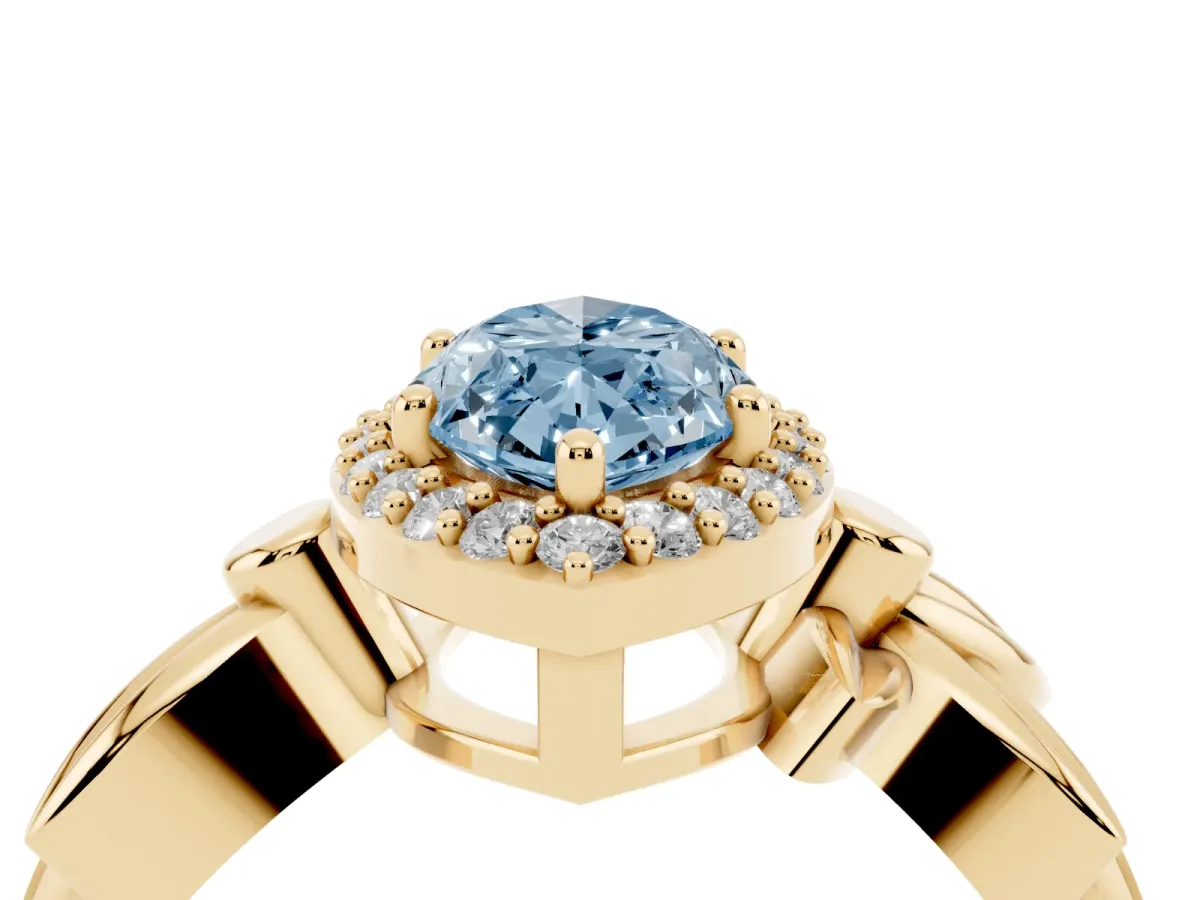 Fancy Blue Marquise Cut Halo Diamond Floral Band with Four-Prong Setting Yellow gold
