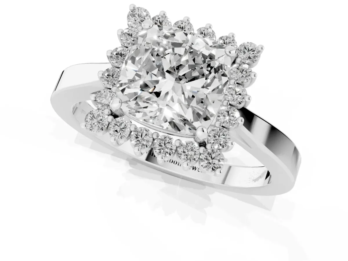 Cushion Cut Cut Diamond Halo Ring with Round Brilliant Halo and Solitaire Band White gold