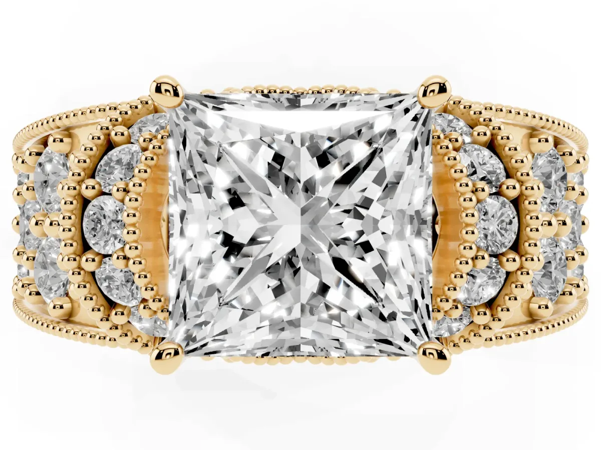 Princess Cut Halo Pave Diamond Engagement Ring with Milgrain Detailing Yellow gold