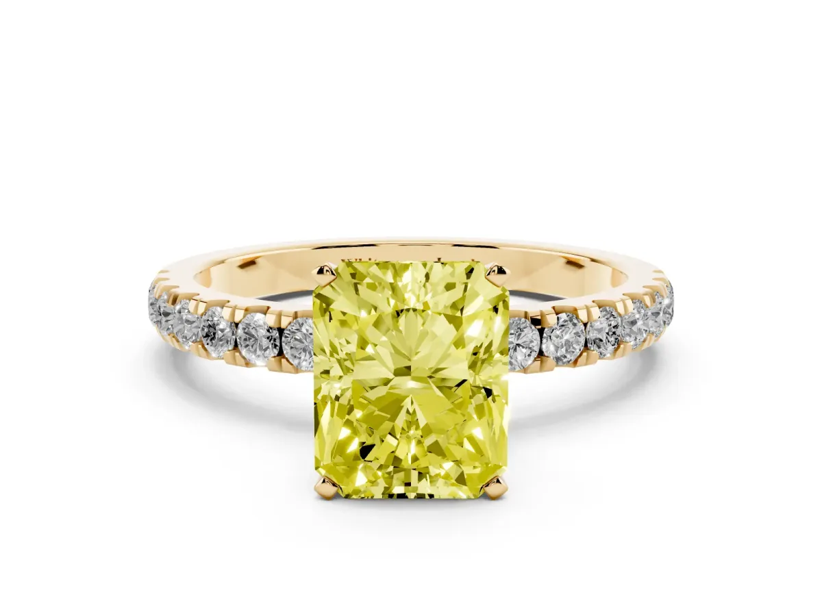 Fancy Yellow Radiant Cut Diamond Solitaire Ring with Pavé Accents and Four-Prong Setting Yellow gold