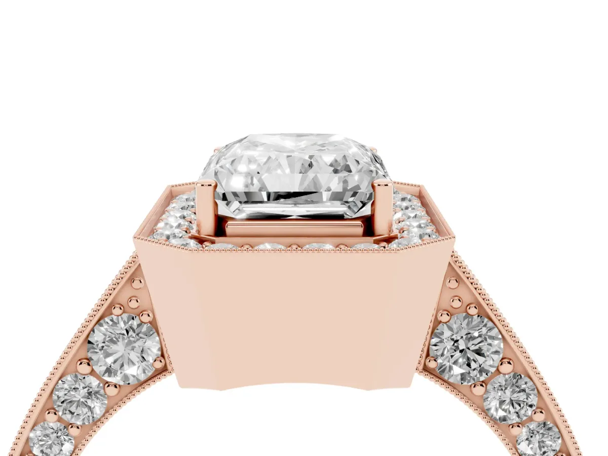 Radiant Cut Halo Diamond Engagement Ring with Split Shank Band and Four-Prong Setting Rose gold