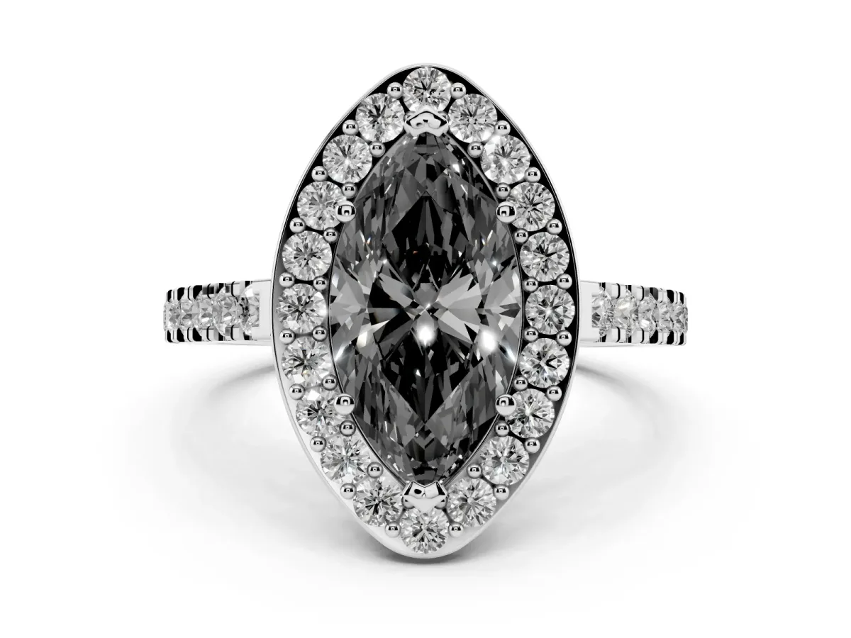 Fancy Black Marquise Cut Diamond Halo Ring with Round Pavé Split Shank and Prong Setting Silver