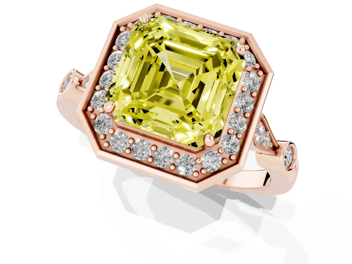 Fancy Yellow Asscher Cut Halo Diamond Engagement Ring with Twisted Band and Four-Prong Setting Rose gold