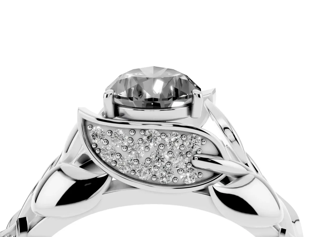 Fancy Black Pear Cut Diamond Leaf-Inspired Engagement Ring with Round Accents and Prong Setting Silver